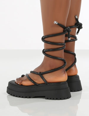 Amber x Public Desire Origin Black PU Chunky Sole Lace Up Sandal