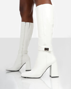 Apologetic White Pu Knee High Block Heel Boots