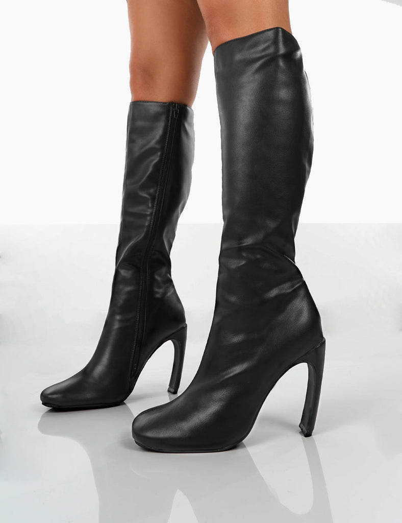 Peppa Black Pu Block Heel Knee High Boots | Public Desire