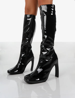 Peppa Black Patent Block Heel Knee High Boots