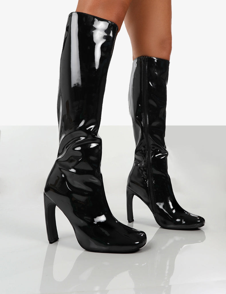 Peppa Black Patent Block Heel Knee High Boots | Public Desire