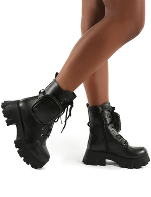 Peyton Black PU Chunky Sole Pouch Ankle Boots