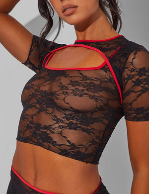 Lace Trim Detail Cut Out Crop Top Co Ord Black Red
