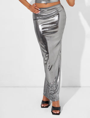 Maxi Skirt Co Ord in Metallic Silver