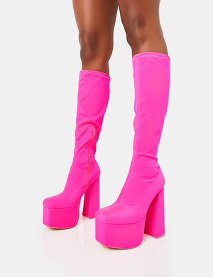 Polished Hot Pink Nylon Platform Rounded Square Toe Block Heeled Knee High Boots