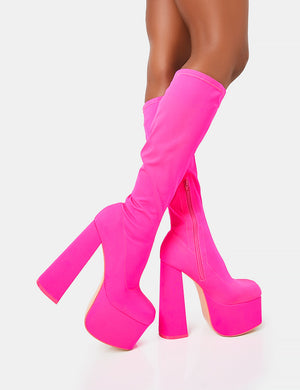 Polished Hot Pink Nylon Platform Rounded Block Heeled Knee High Boots