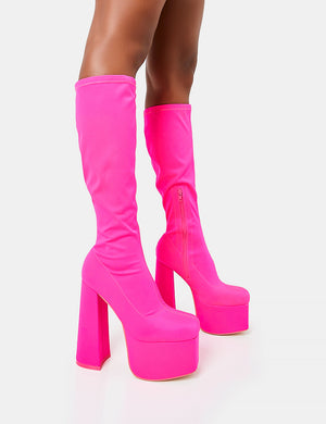 Polished Hot Pink Nylon Platform Rounded Block Heeled Knee High Boots
