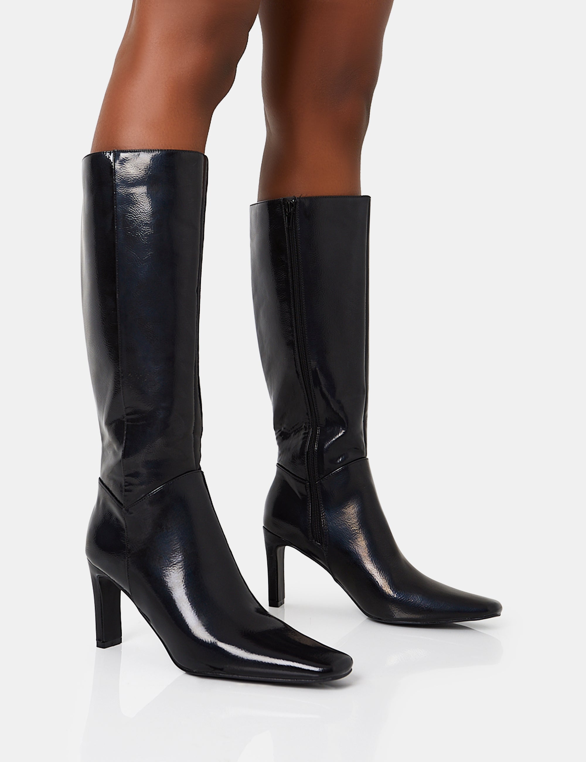 Black PU Block Heel Knee High Boots – Truffle Collection
