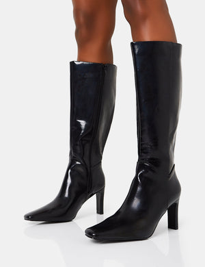 Pose Wide Fit Black Textured Pu Zip Up Knee High Slim Block Heeled Boots