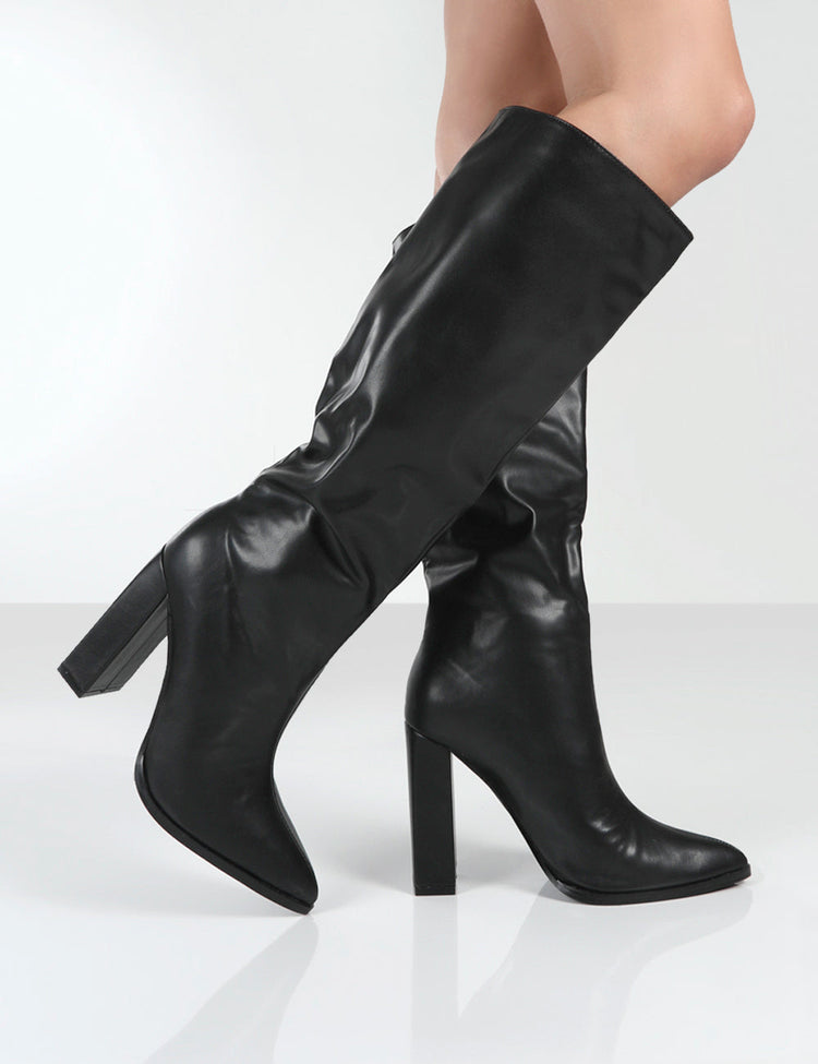 Posie Black PU Knee High Boots | Public Desire