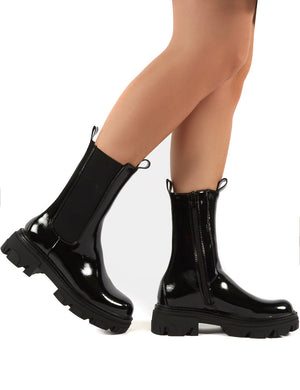 Recess Black Patent Chunky Sole Calf High Boots