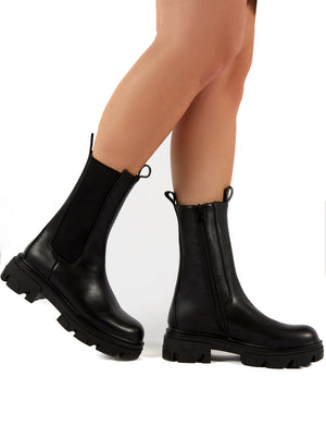 Recess Black PU Chunky Sole Calf High Boots