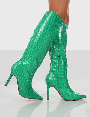 Rosalie Green Croc Heeled Pointed Toe Knee High Boots