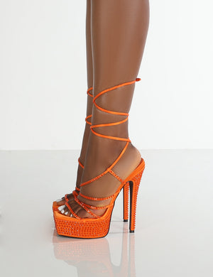 Rendezvous Orange Platform Square Toe Diamante Tie Ankle High Heels