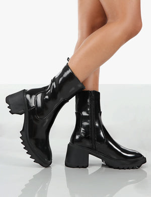 Sway Black PU Heeled Wellies Ankle Boots