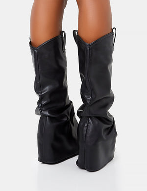 Black Wide Fit Pointed Fold Over Block Heel Boots