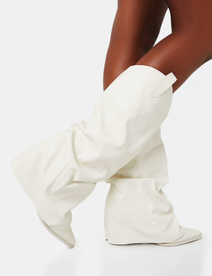 Sheriff White Pu Western Inspired Fold Over Pointed Toe Block Heeled Cowboy Knee High Boots