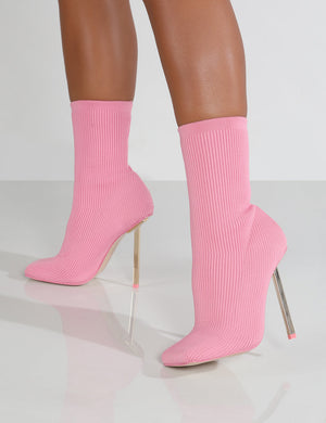 Souffle Pink Knit Stiletto Heel Sock Ankle Boot