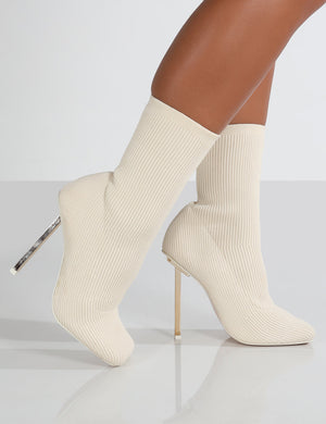 Souffle Ecru Knit Stiletto Heel Sock Ankle Boot