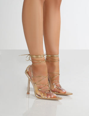Strike Gold Metallic PU Clear Perspex Lace up Court Heels
