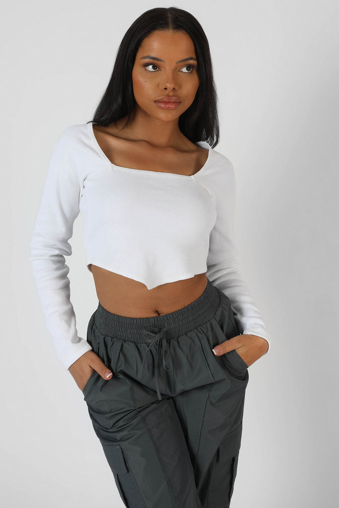 Long Sleeve Hankey Crop Top White | Kaiia