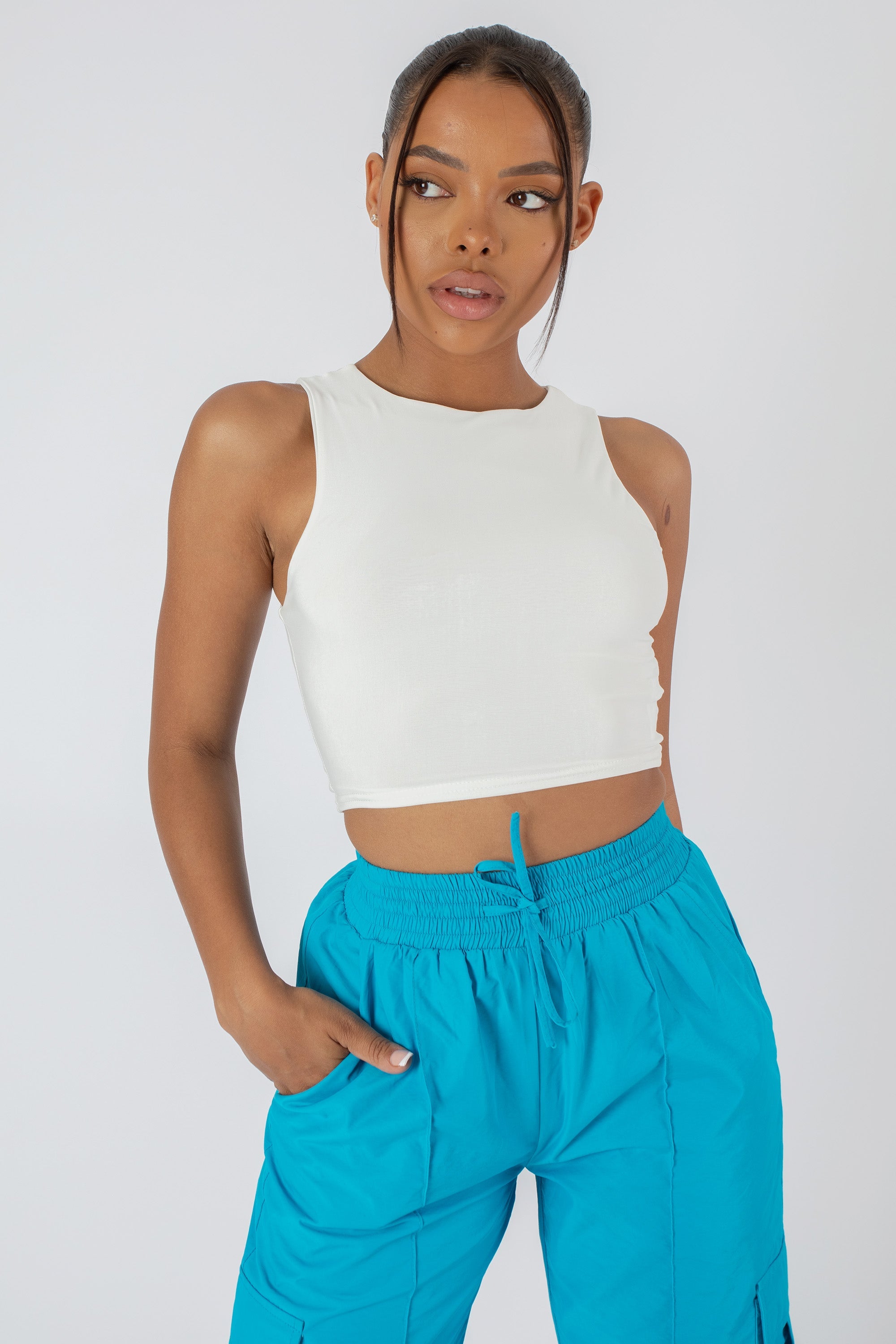 White Slinky Racer Crop Top, Tops