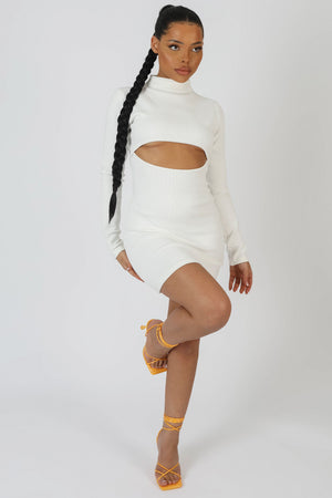 Long Sleeve Waist Cut Out Mini Dress Ivory