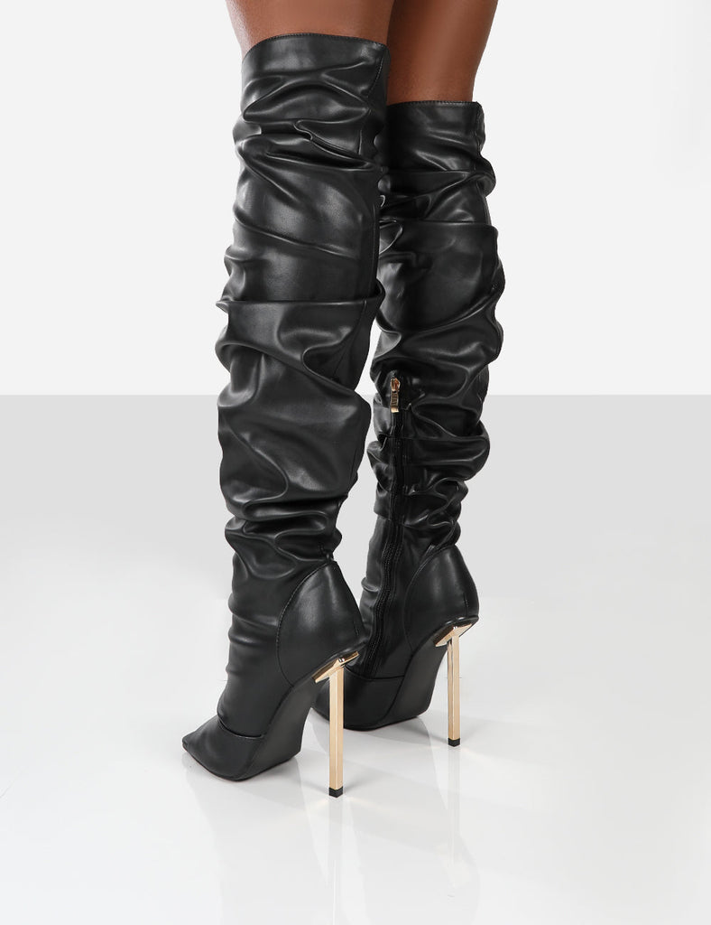 Surrender Black Ruched Knee High Stilleto Open Toe Boots | Public Desire