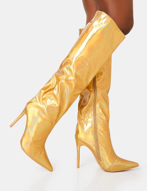 Tai Wide Fit Gold Metallic Pointed Toe Stiletto Knee High Boots