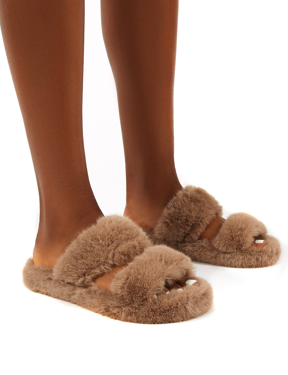 Teddi Tan Fluffy Double Strap Slider Faux Fur Slipper