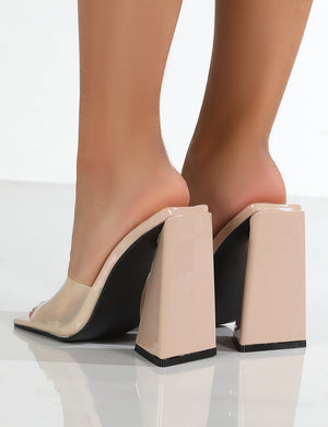Tammi Wide Fit Nude Square Toe Pyramid Clear Perspex Heeled Mule