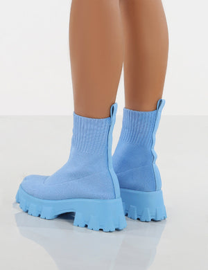 Trust Blue Chunky Sole Platform Sole Sock Ankle Boots