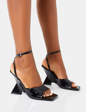 Twin Flame Black Patent Wrap Around Barely There Inverted Wedged Square Toe High Heels