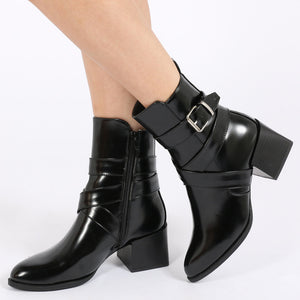 Willa Buckle Detail Cubed Heel Ankle Boots in Black High Shine