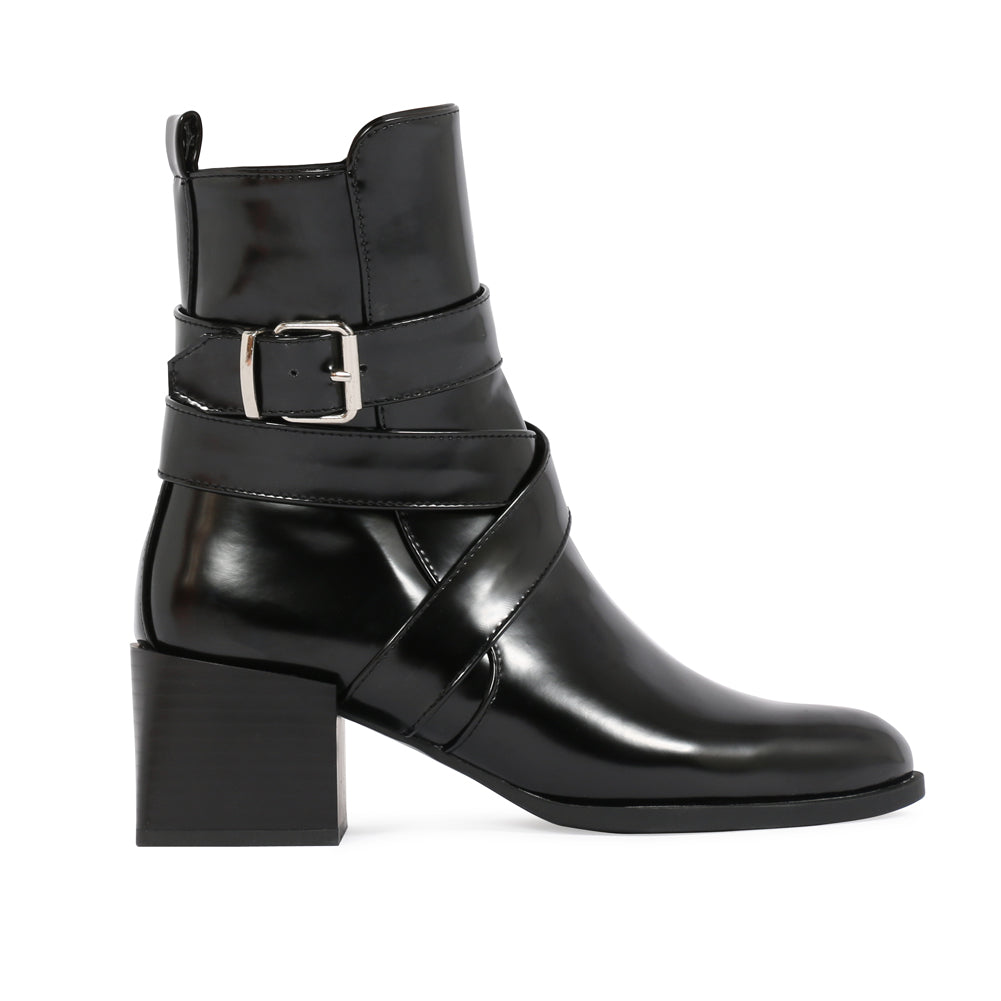 Willa Buckle Detail Cubed Heel Ankle Boots in Black High Shine | Public ...