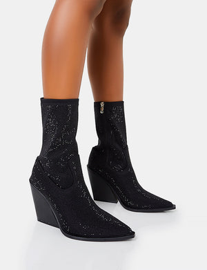 Wild One Black Diamante Western Cowboy Pointed Block Heel Ankle Boots