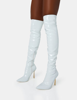 Zhenya White Patent Pointed Toe Gold Contrast Stiletto Over The Knee Boots