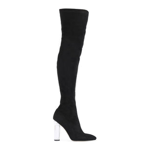 Dominique Long Boots in Black Faux Suede With Clear Perspex Heel