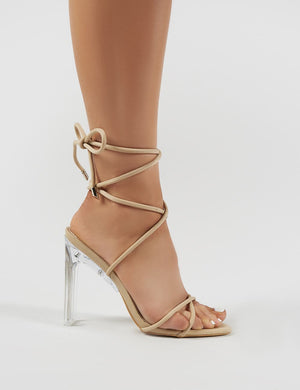 Amplify Lace Up Clear Perspex Heels in Nude
