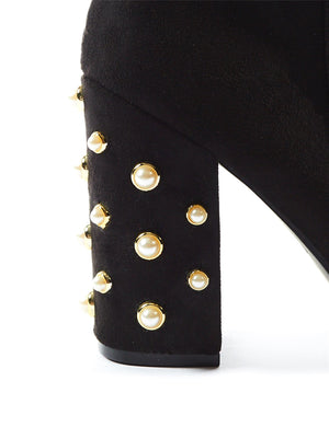 Devoted Pearl Block Heel Over The Knee Boots in Black Faux Suede