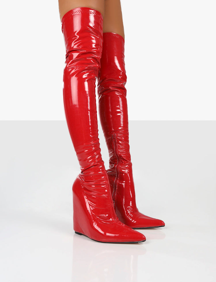 Clarissa Red Over The Knee Wedge Boots Public Desire