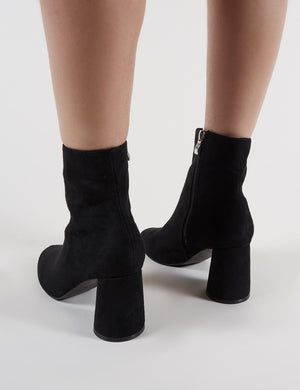 Bronte Round Heeled Ankle Boots in Black Faux Suede