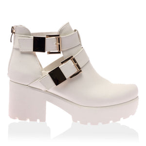 Pip White PU Cut Out Double Buckle Boots