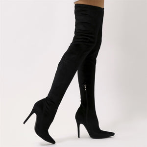 Dazzle Sock Fit Pointed Toe Over The Knee Boots in Black Velvet