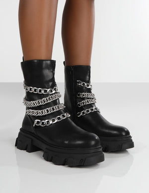 Restrain Black Pu Chain Detail Chunky Sole Ankle Boot