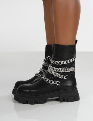 Restrain Black Pu Chain Detail Chunky Sole Ankle Boot