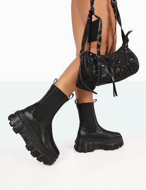 Banner Black PU Chunky Sole Ankle Boots