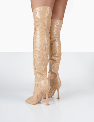 Carlotta Beige Open Toe Woven Material Heeled Over The Knee Boots