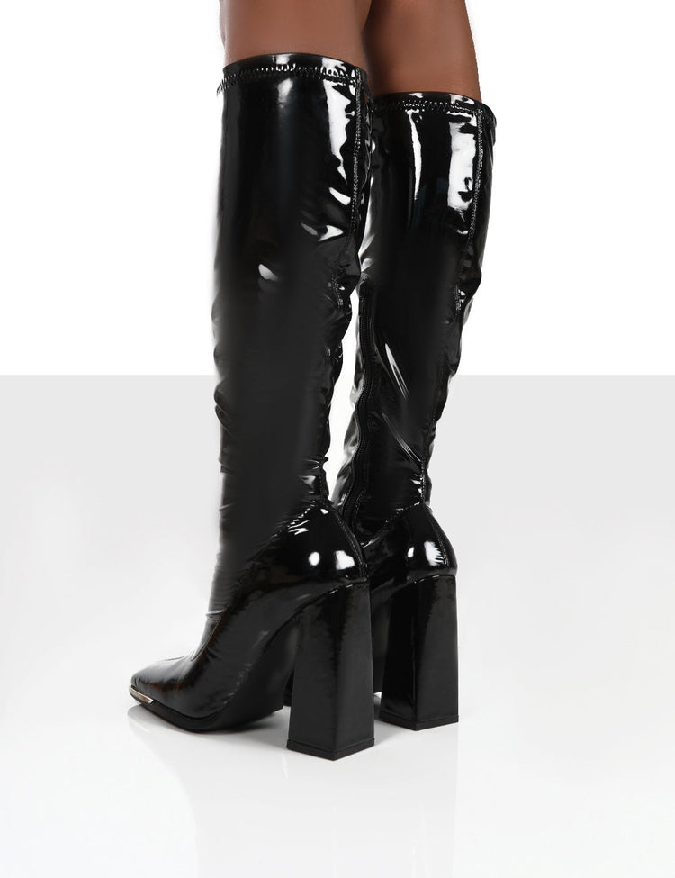 Caryn Wide Fit Black Pu Knee High Heeled Boots | Public Desire