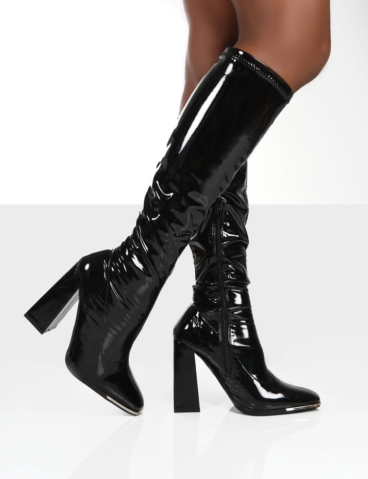 Caryn Wide Fit Black Pu Knee High Heeled Boots | Public Desire